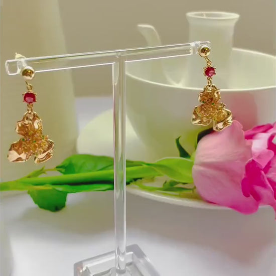 Flower red stud dangle-drop gold earrings, Gifts under 30, Mothers Day Gift, Nature floral Gift, Flower child