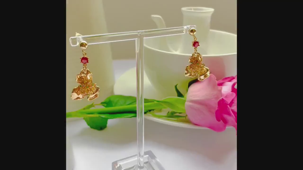 Flower red stud dangle-drop gold earrings, Gifts under 30, Mothers Day Gift, Nature floral Gift, Flower child