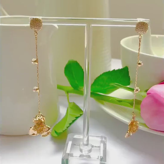 Crystal flower stud dangle drop cubic zirconia gold earrings, Gifts under 30, Mothers Day Gift Bird-themed jewelry, Nature Gift,