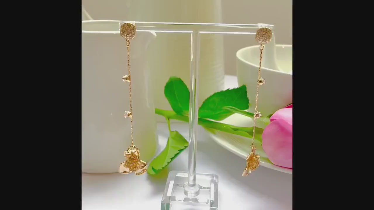 Crystal flower stud dangle drop cubic zirconia gold earrings, Gifts under 30, Mothers Day Gift Bird-themed jewelry, Nature Gift,