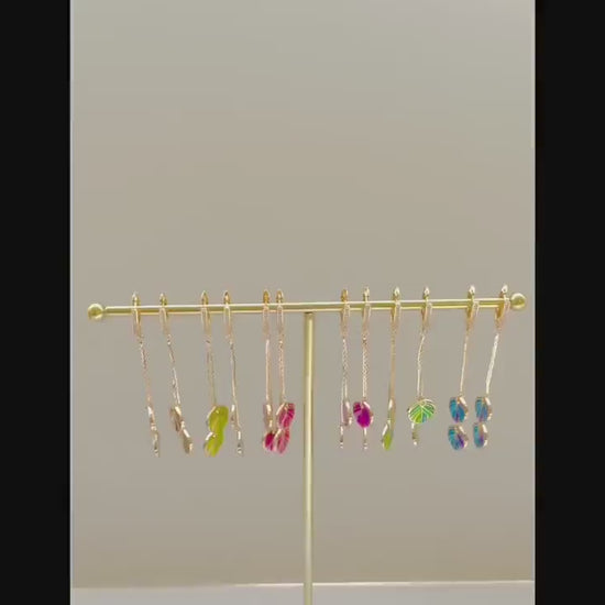 Colourful enamel Feather Cubic Zirconia Dangle Drop clasp Earring, 18k gold-plated, Gift for her, Nature inspired jewelry, Minimalist