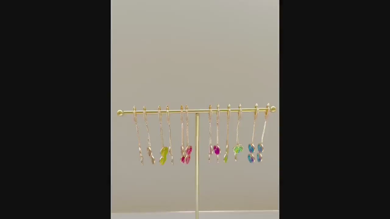 Colourful enamel Feather Cubic Zirconia Dangle Drop clasp Earring, 18k gold-plated, Gift for her, Nature inspired jewelry, Minimalist