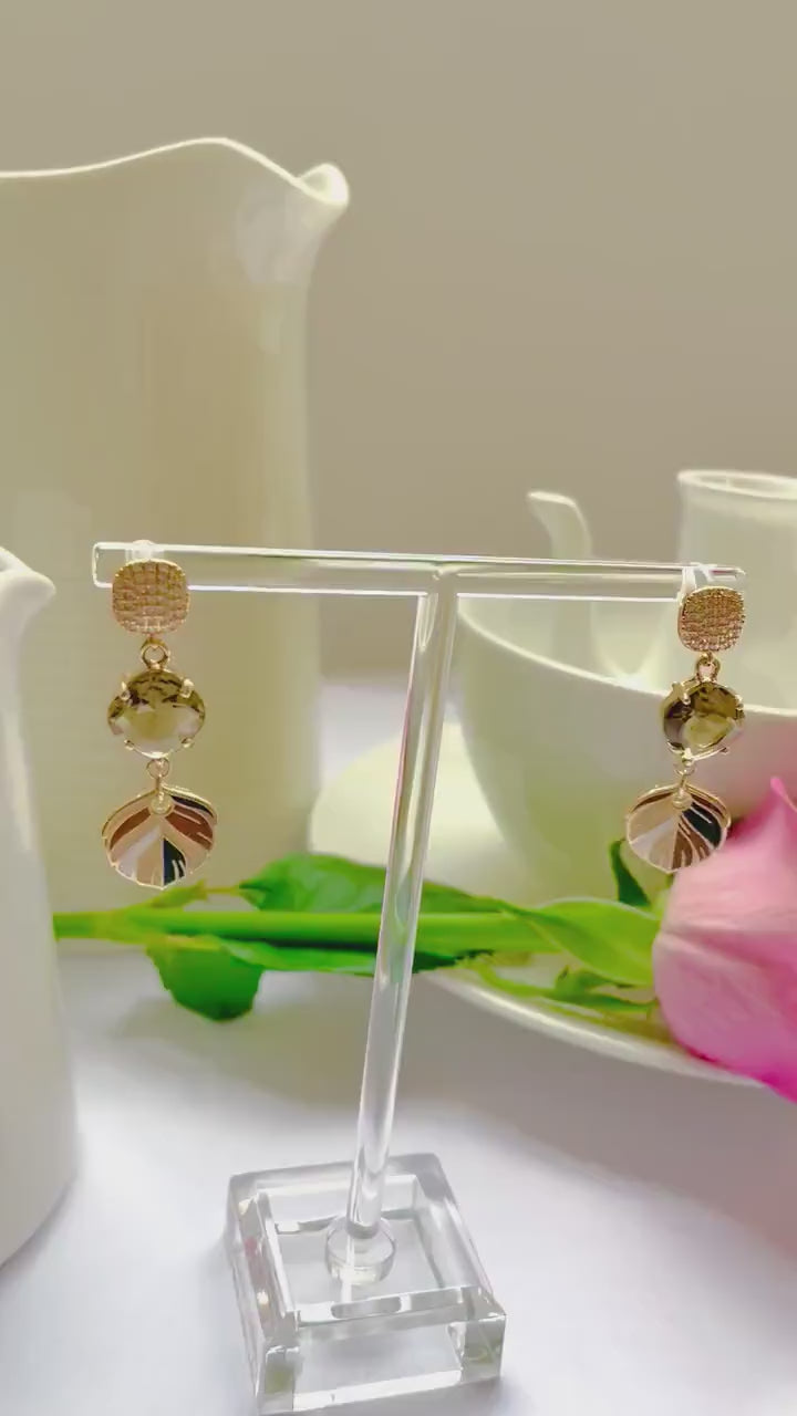 Mocha coffee cream dangle drop cubic zirconia gold feather earrings, Gifts under 30, Mothers Day Gift, Bird-themed jewelry, Nature Gift