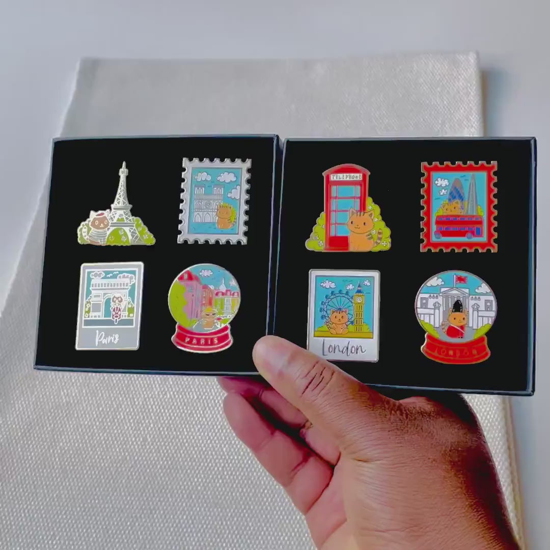 Paris scenes travel Enamel pin gift box, Eiffel Tower, Notre Dame, Arc de Triomphe, Rue de L’Abreuvoir, Sacre Couer, Travel Souvenir gift,