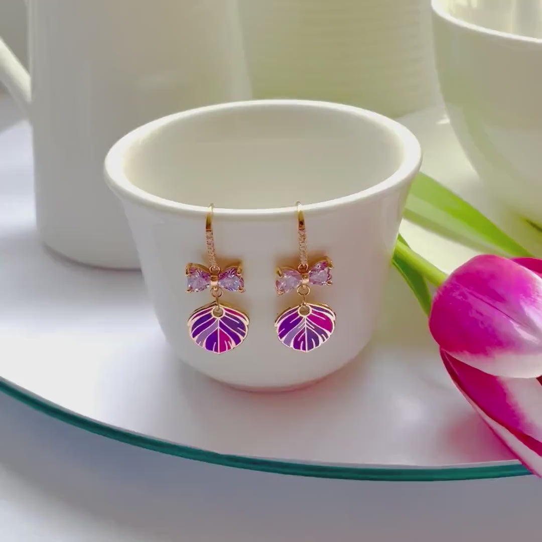 Purple feather gold earrings, statement Christmas earring gift, fun dangle drop hook, crystal Bow, Bird-themed jewelry, Gift for her, charms