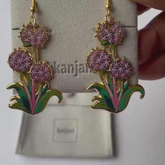 Purple Allium Earrings: Gold Plated Floral Hook Dangles, Advent calendar