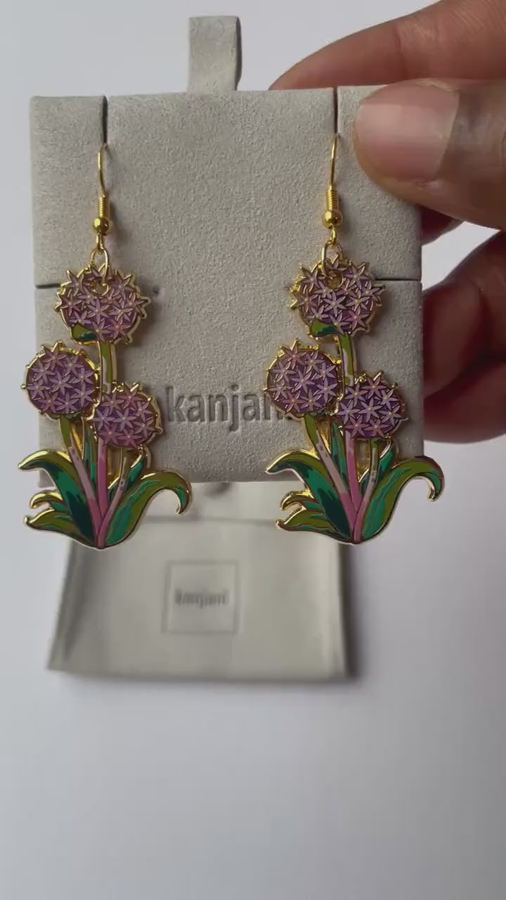 Purple Allium Earrings: Gold Plated Floral Hook Dangles, Advent calendar