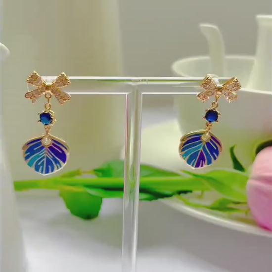 Sparkle bow blue dangle drop cubic zirconia gold feather earrings, Gifts under 30, Mothers Day Gift, Bird-themed jewelry, Nature Gift