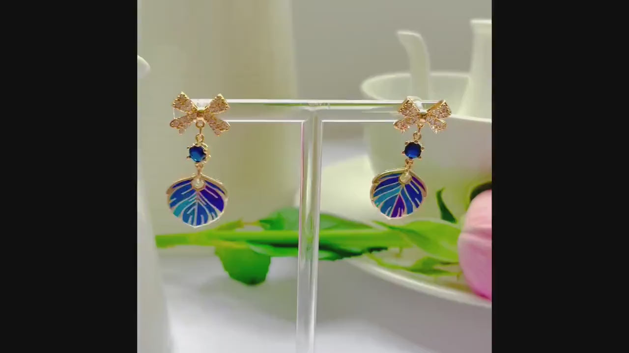 Sparkle bow blue dangle drop cubic zirconia gold feather earrings, Gifts under 30, Mothers Day Gift, Bird-themed jewelry, Nature Gift