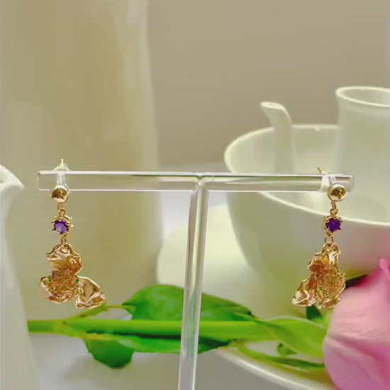Flower purple stud dangle-drop gold earrings, Gifts under 30, Mothers Day Gift, Nature floral Gift, Flower child