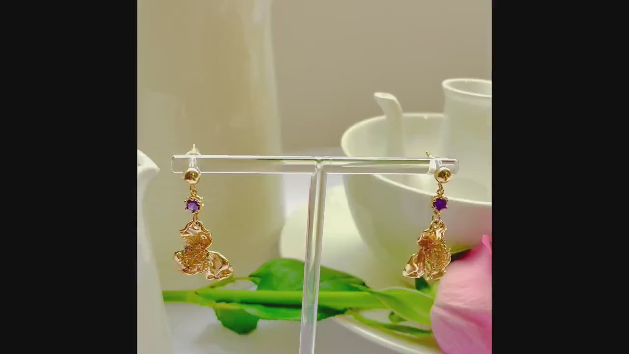 Flower purple stud dangle-drop gold earrings, Gifts under 30, Mothers Day Gift, Nature floral Gift, Flower child