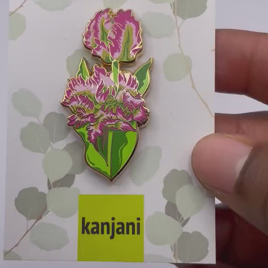 Floral Enamel Pin, Frilly Parrot Tulip, Pink Green (1.75in), Christmas gift, stocking stuffer