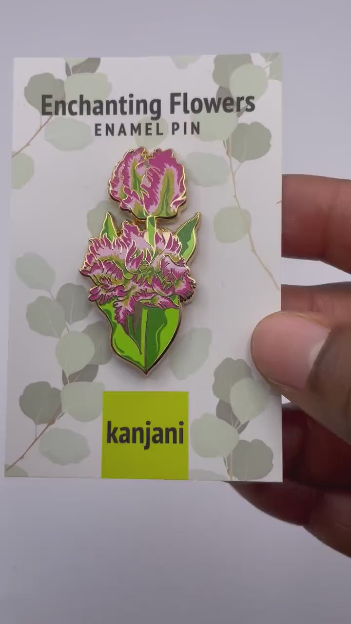 Floral Enamel Pin, Frilly Parrot Tulip, Pink Green (1.75in), Christmas gift, stocking stuffer