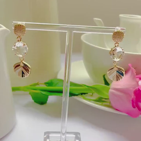 Mocha coffee cream dangle drop clear cubic zirconia gold feather earrings, Gifts under 30 Mothers Day Gift, Bird-themed jewelry, Nature Gift