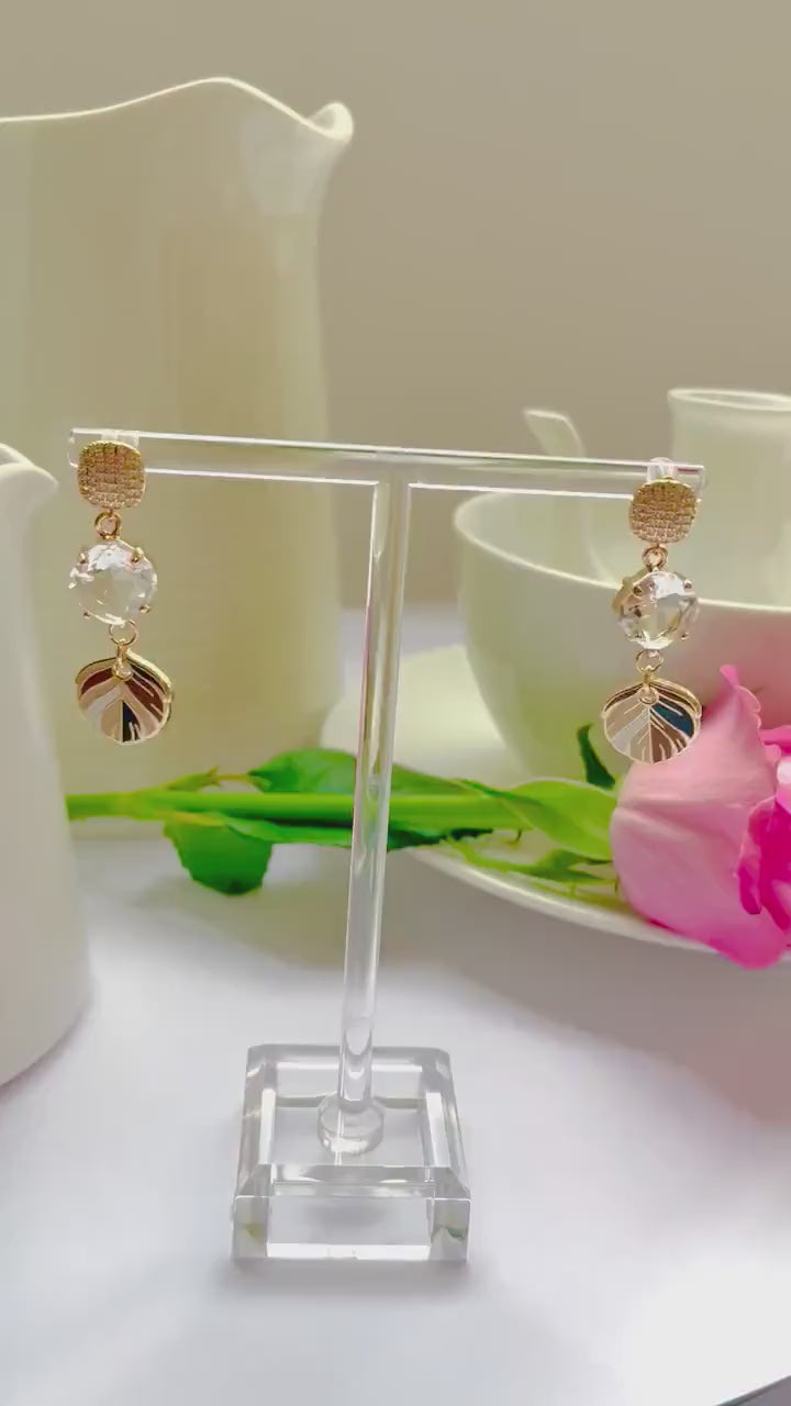 Mocha coffee cream dangle drop clear cubic zirconia gold feather earrings, Gifts under 30 Mothers Day Gift, Bird-themed jewelry, Nature Gift
