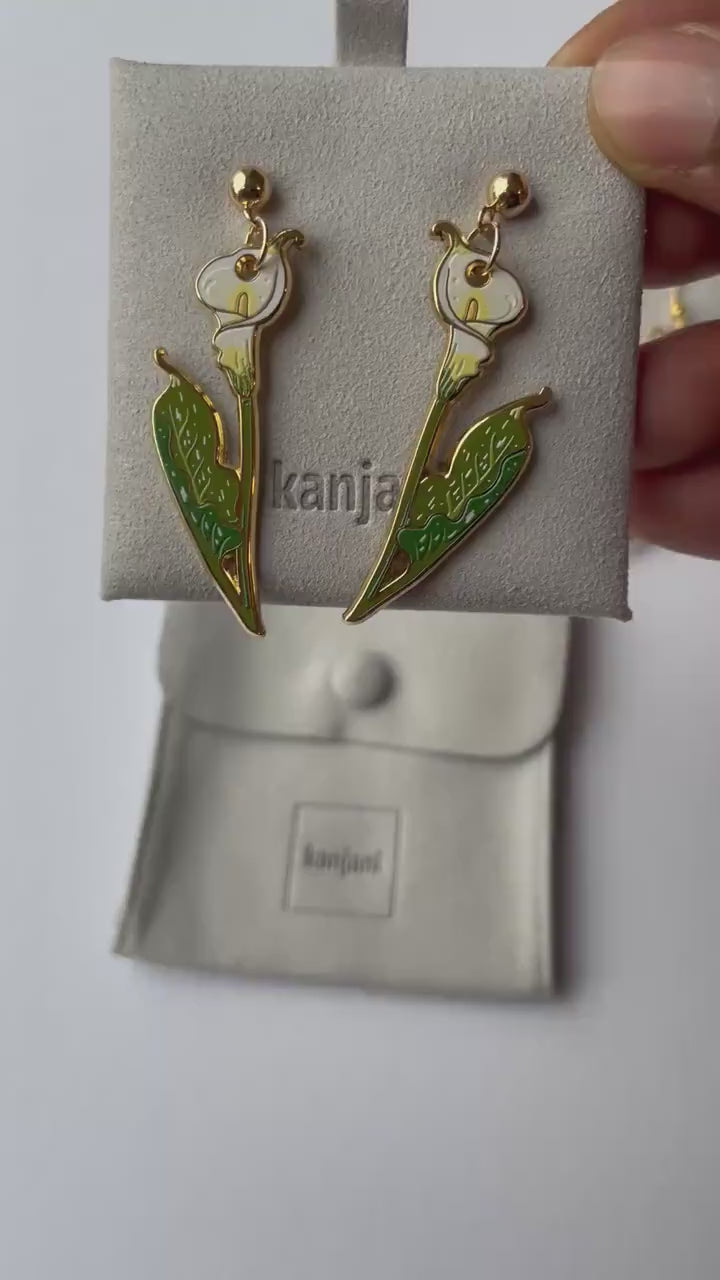 Calla Lily Earrings: Gold Hook Floral Dangles - Smooth Hard Enamel, Christmas gift, stocking stuffer, Advent calendar