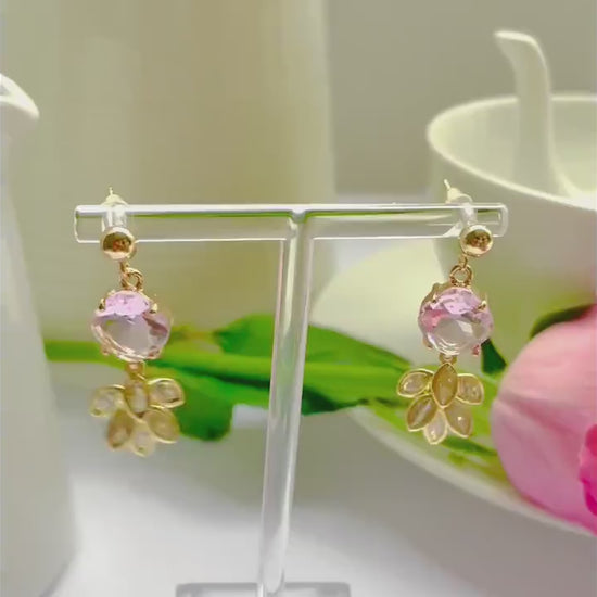 Pink feather dangle drop cubic zirconia gold crystal earrings, Gifts under 30, Mothers Day Gift, Bird-themed jewelry, Nature Gift