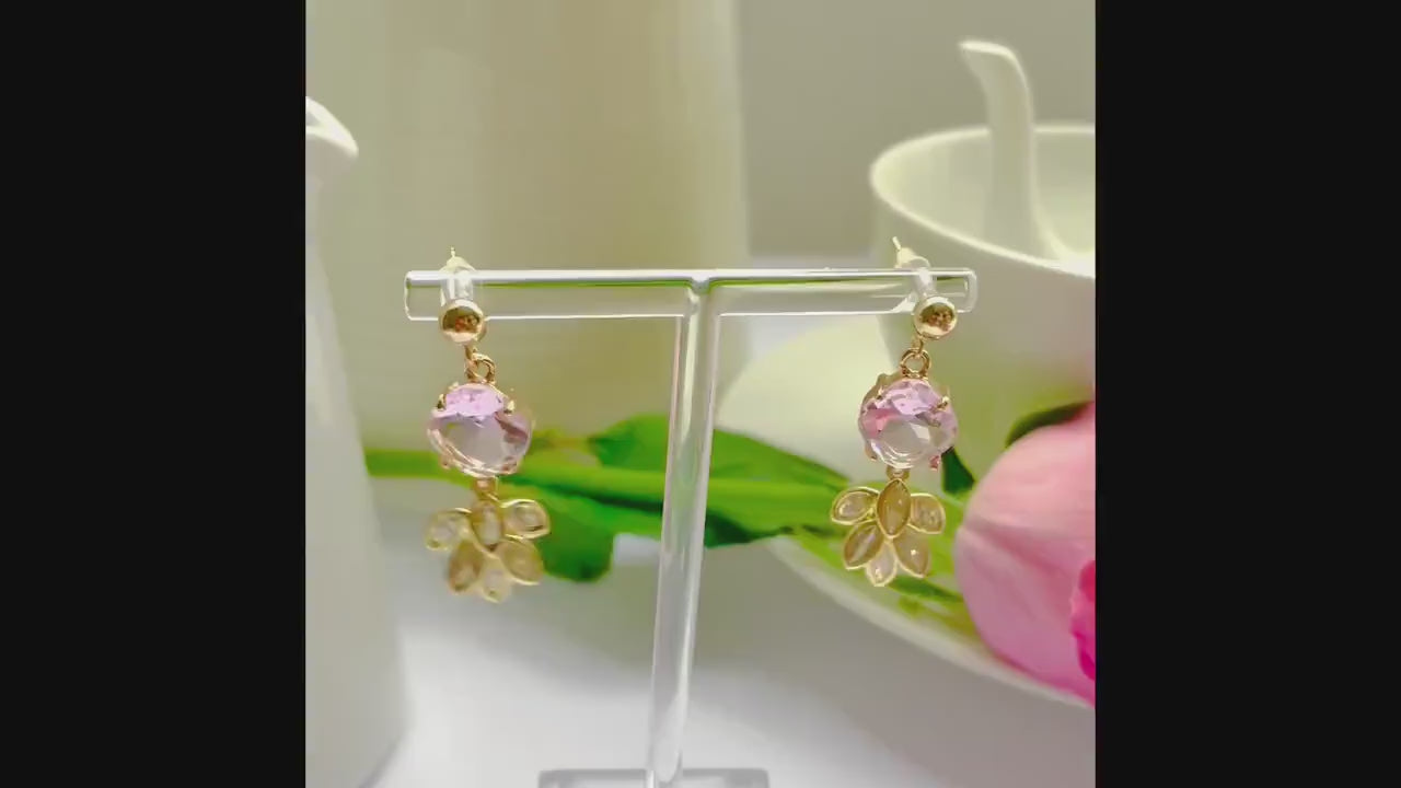Pink feather dangle drop cubic zirconia gold crystal earrings, Gifts under 30, Mothers Day Gift, Bird-themed jewelry, Nature Gift
