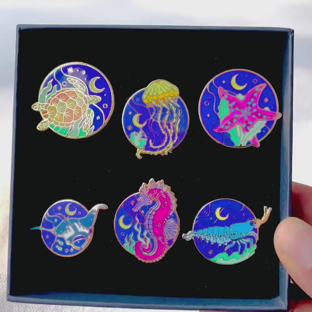 Sea Creatures Enamel Pin Set - Jellyfish, Seahorse, Manta Ray, Christmas gift, stocking stuffer, Advent calendar