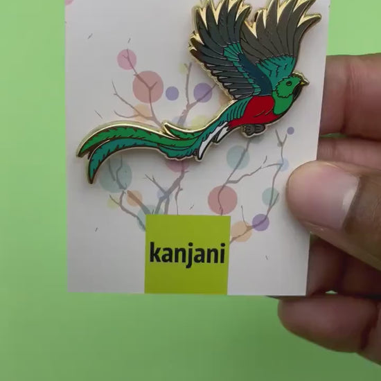 Quetzal Enamel pin gift. Resplendent bird lapel badge.