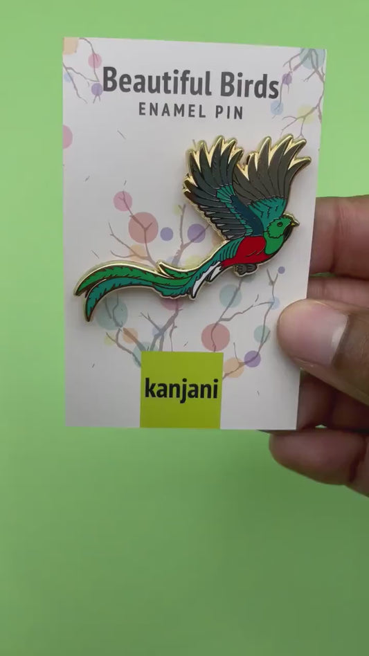 Quetzal Enamel pin gift. Resplendent bird lapel badge.