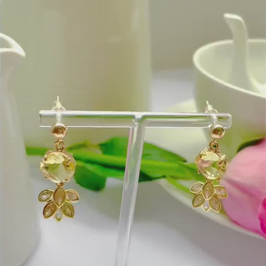 Yellow feather dangle drop cubic zirconia gold crystal earrings, Gifts under 30, Mothers Day Gift, Bird-themed jewelry, Nature Gift